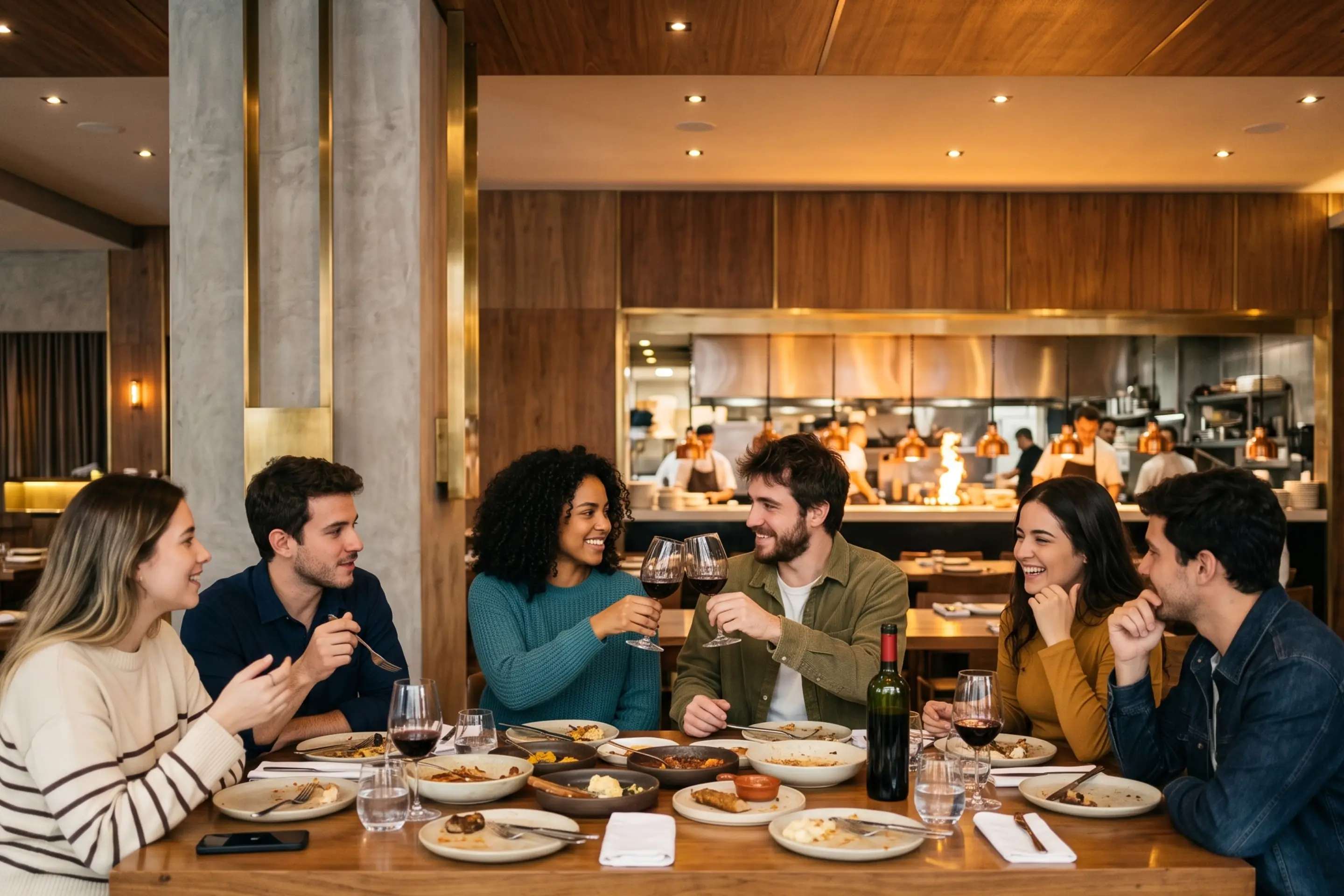Amigos brindando en una mesa compartida